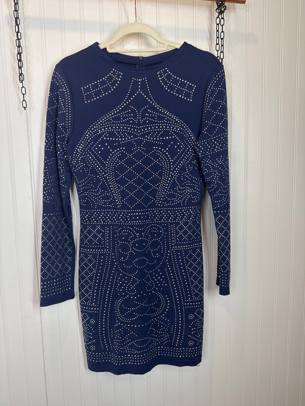 Meaneor Women's Dress Long Sleeve Blue Studded High Neck Bodycon Fitted Size M